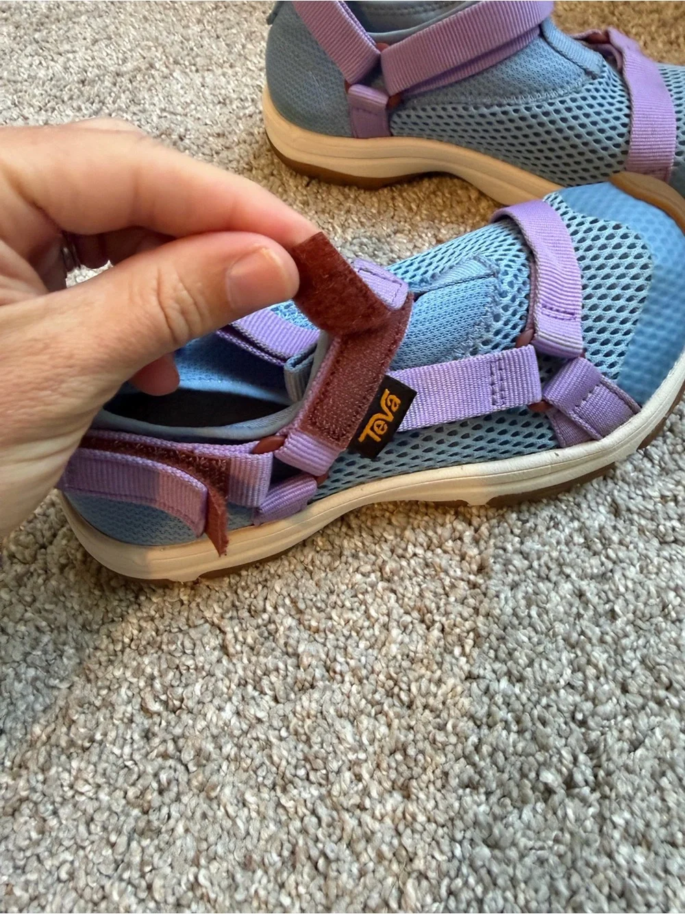 Teva Kids Outflow Sandal in Blue with Lilac Straps and Brown Toe